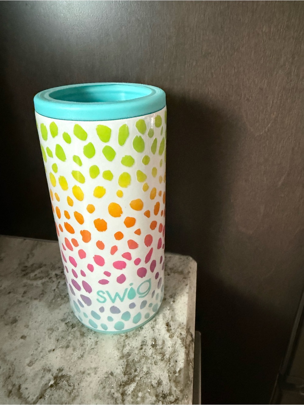 Swig Rainbow Dot Insulated Skinny Can Kozie - Aqua Top